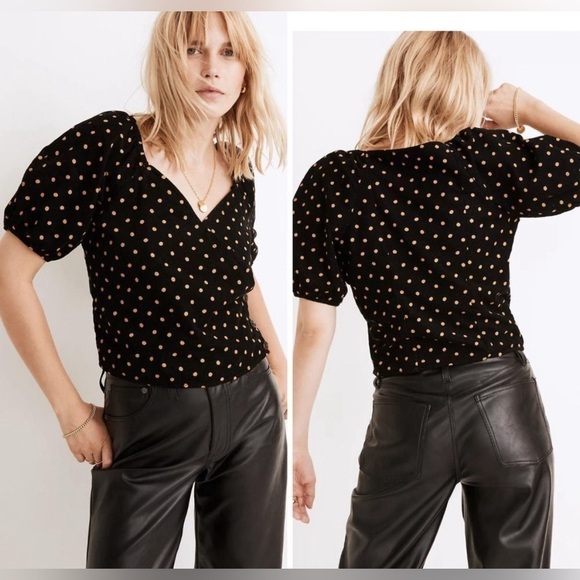 NWOT Madewell Puff Sleeve Corduroy Polka Dot Wrap Blouse - S - Picture 2 of 5